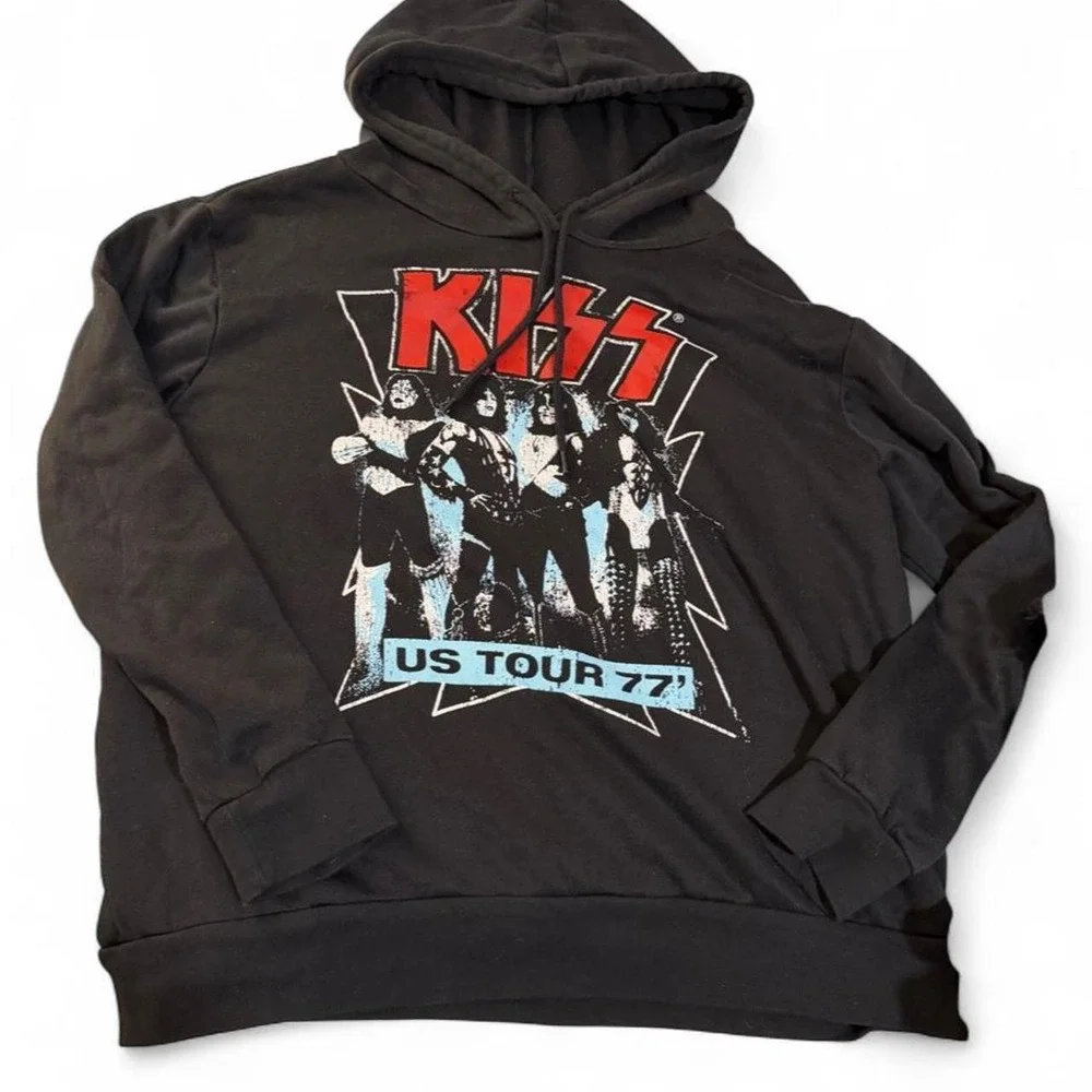KISS US Tour 77 Graphic Hoodie Black Mens XL Rock Band Pullover Sweatshirt